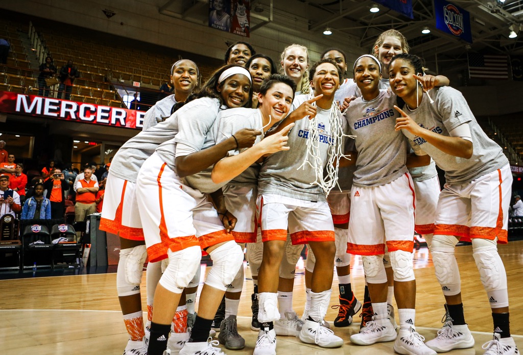 Mercer women's basketball team celebrating