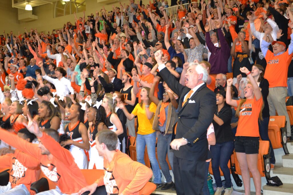 President Underwood with students at the NCAA basketball announcement